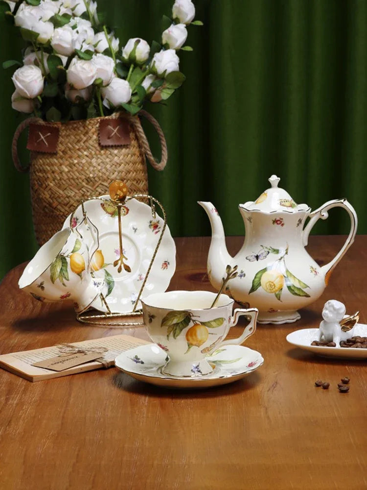 European Style Ceramic Mug Coffee Cup and Saucers Set Lemon Pattern Retro Afternoon tea cup Dessert Plate Teapot Home kettle