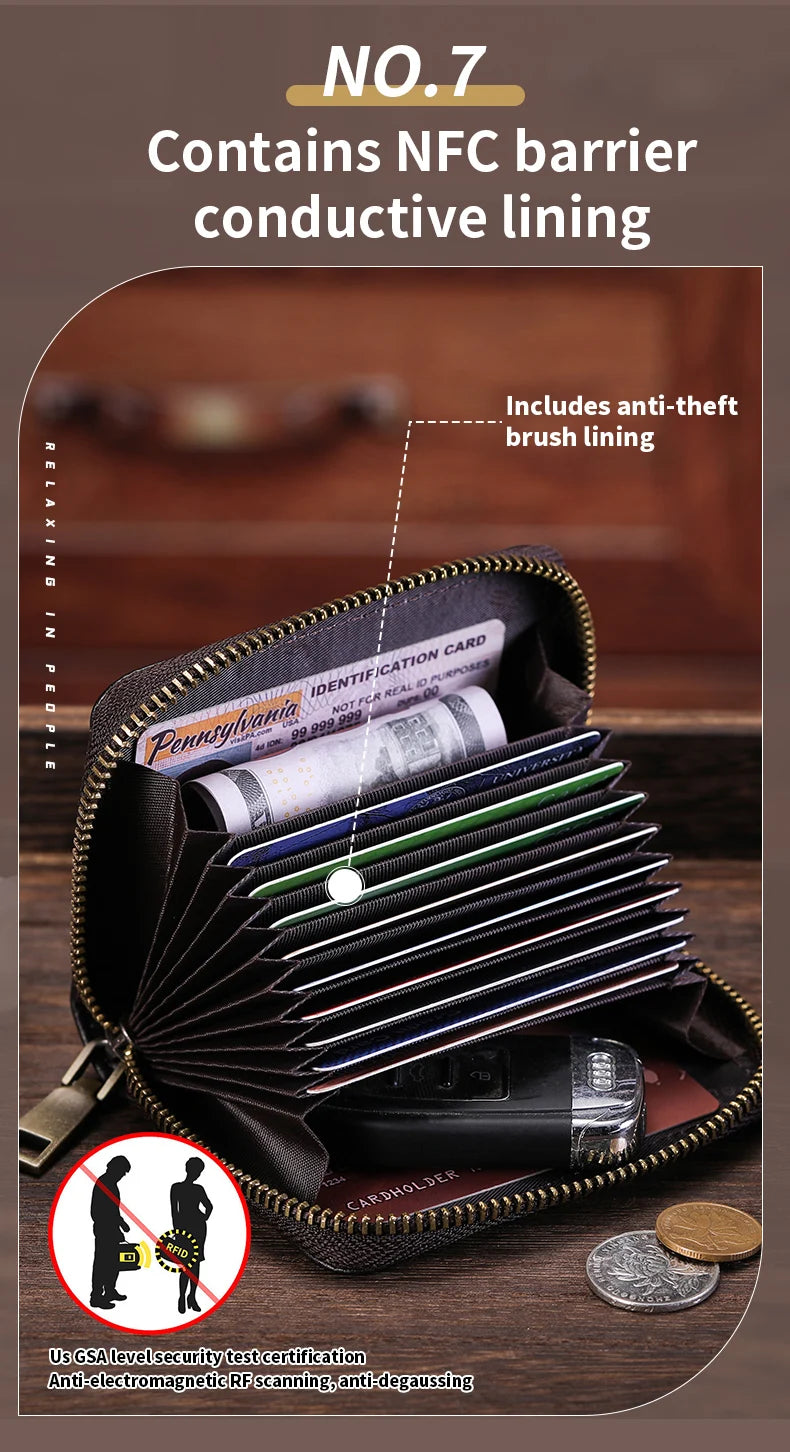 BULLCAPTAIN Genuine Card Bag Men's Casual Business Credit Card Holder Multifunctional RFID Anti-Theft 11 Card Slots Coin Purse