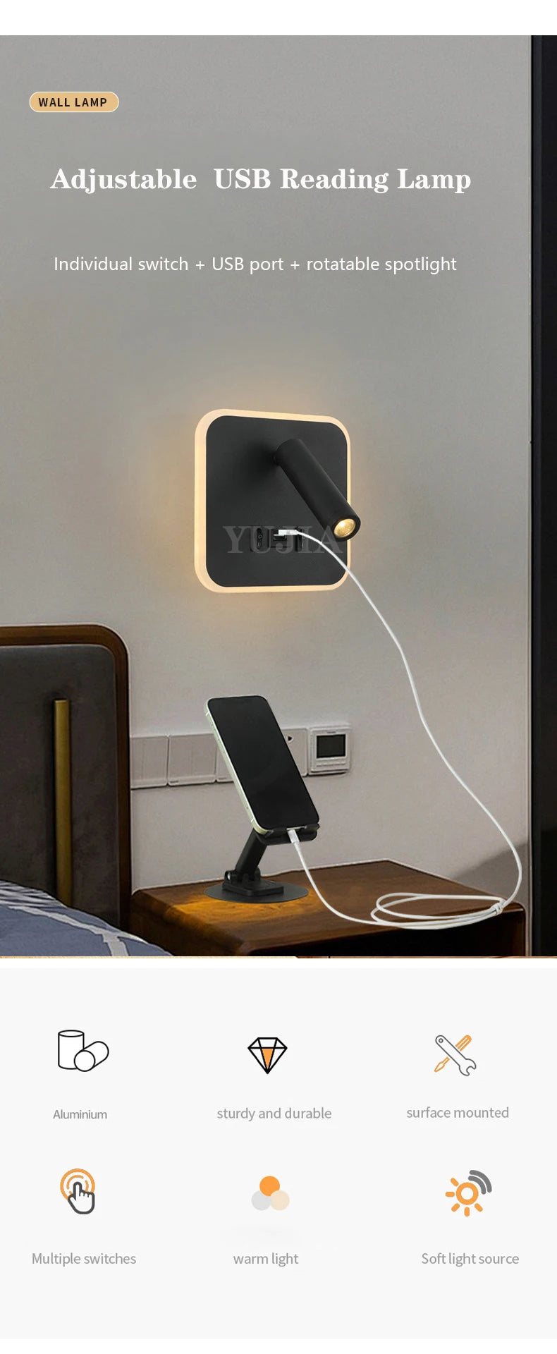 Contemporary Multifunctional LED Wall Sconce with Switch Modern Adjustable Reading Lamp USB Charging Ports for Bedrooms Offices