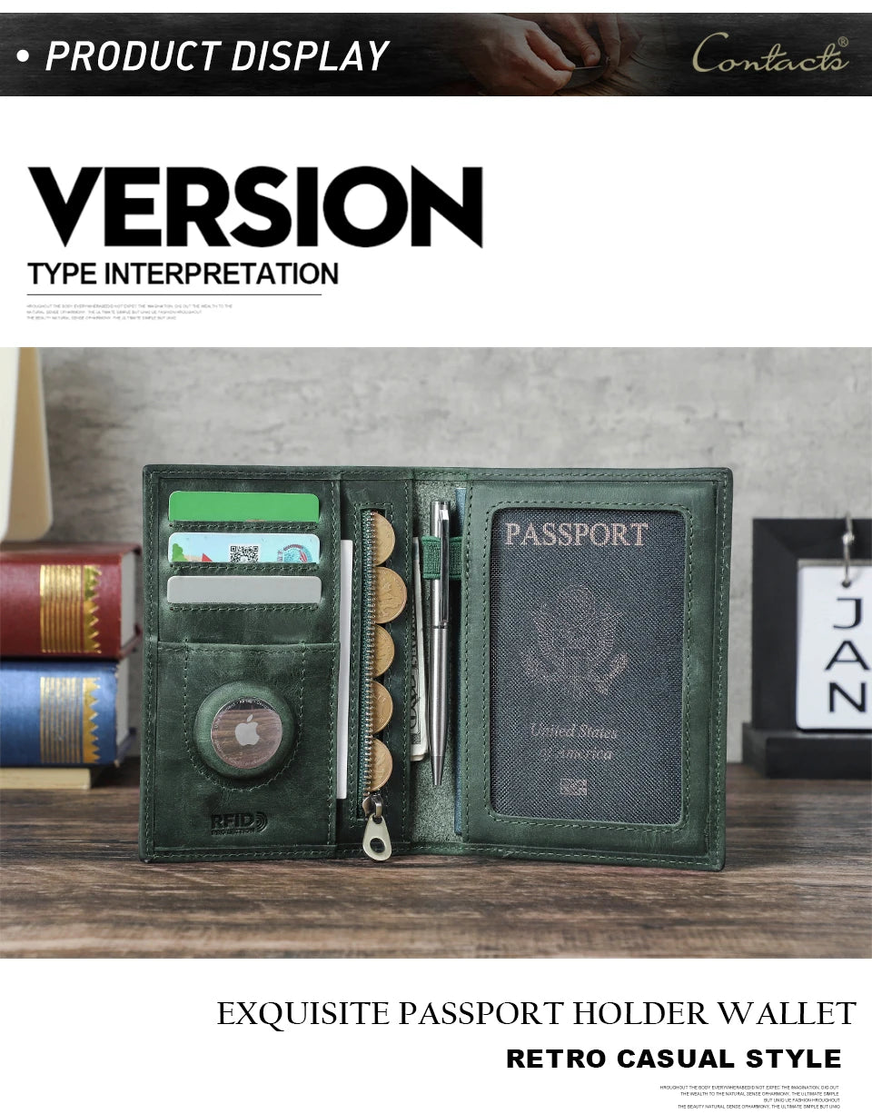 CONTACT'S Genuine Leather Passport Wallet Card Holder Coin Purse AirTag Slot Men Travel Wallet Women‘s Purse Passport Cover Bag