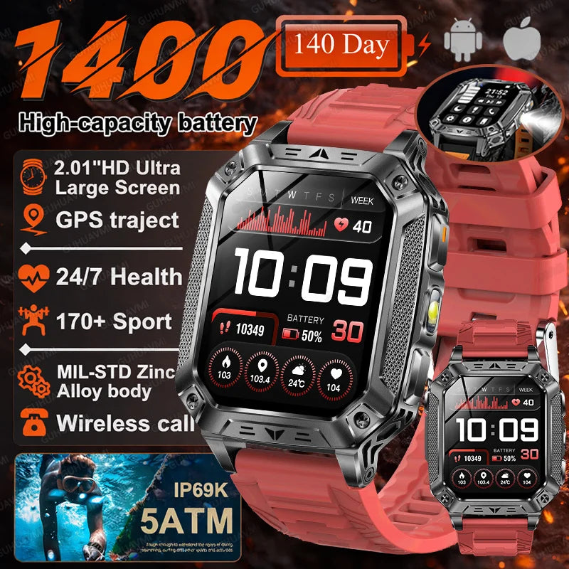 2026 Military 5ATM Waterproof Smart Watch Men 1400mAh Battery GPS Tracks 2.01" HD AMOLED Bluetooth call Sport Fitness Smartwatch