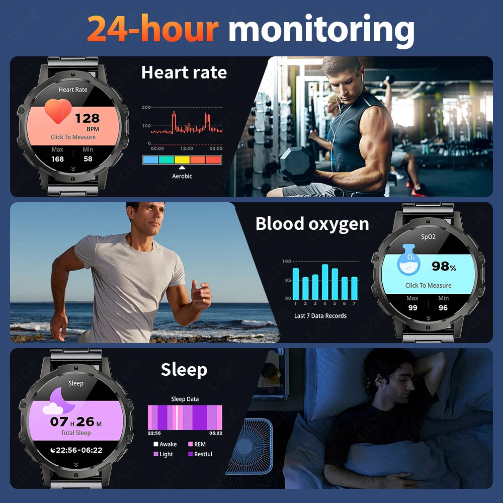 LIGE 2025 Military Grade 1000mAh Battery Smart Watch Men 3ATM Waterproof Bluetooth Call Men Sports Health Monitoring Smartwatch