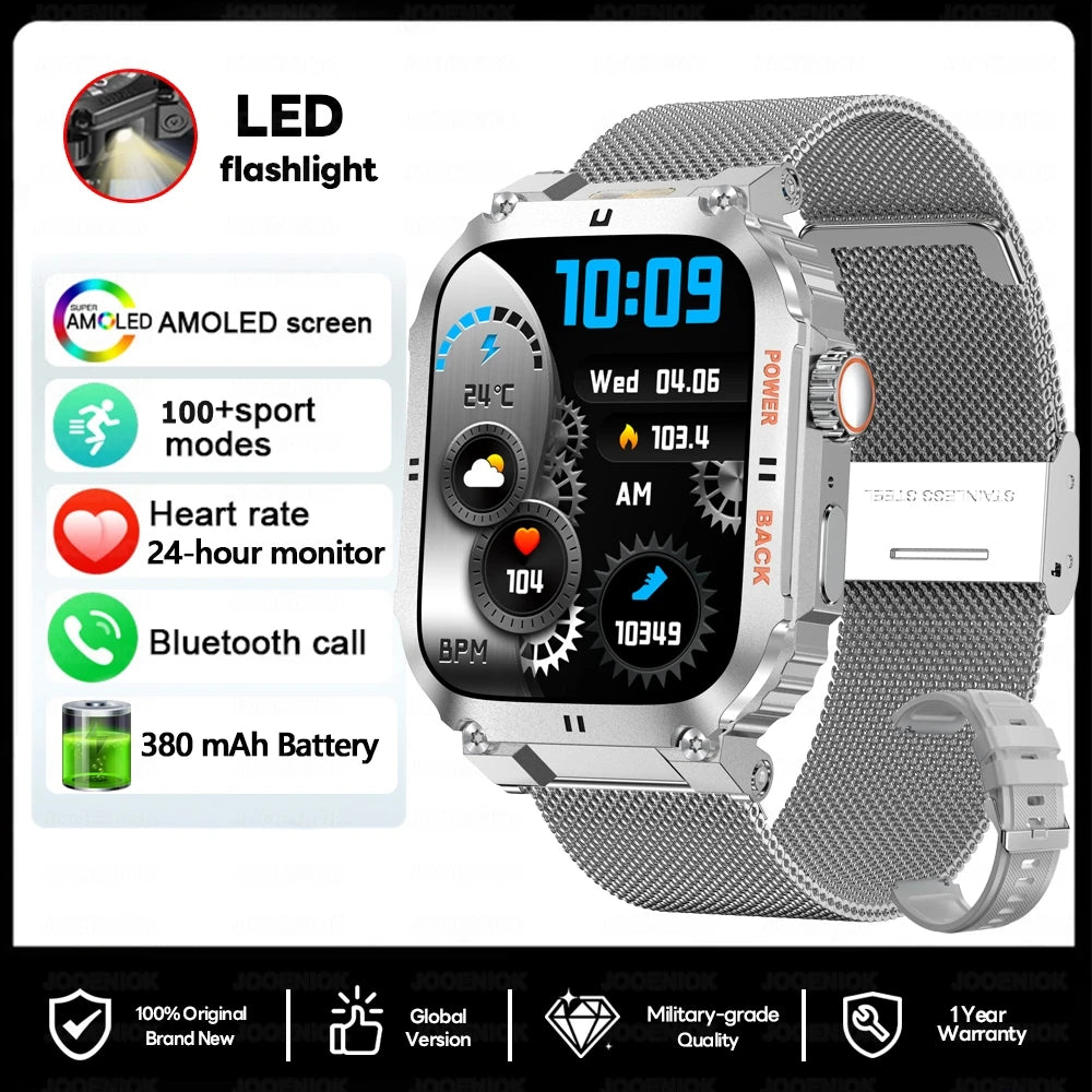 2025 New Outdoor Military Rugged Smart Watch Men's 1.91 Inch AMOLED HD Full Screen Touch LED Light Bluetooth Call Smartwatches