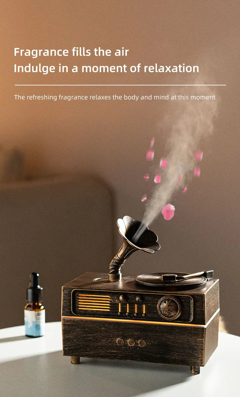 5V Retro Phonograph Bluetooth Speaker Humidifier Ultrasonic Aroma Diffuser Rotating Colorful Light Remote Essential Oil Atomizer