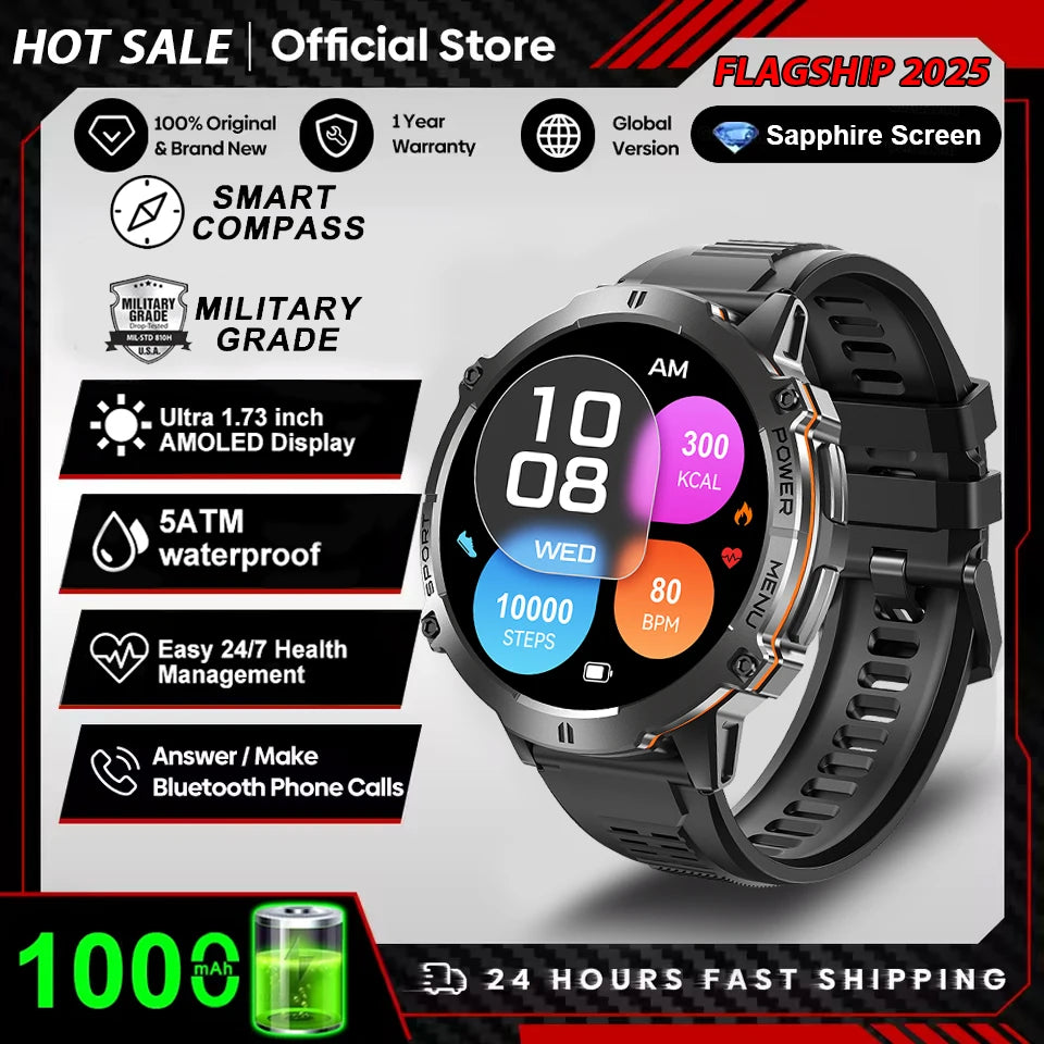 2026 Newly upgraded GPS Military Sports Smart Watch 1000mAh 1.7-inch AMOLED Compass Altimeter Call 10ATM Waterproof Sports Watch