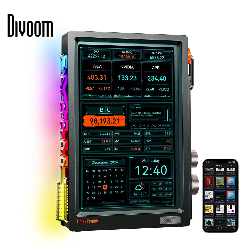 Divoom Times Frame Smart HD Screen | 10.1" DIY Digital Clock | Crypto Stocks Weather Calendar | Tech Gift Desk Setup