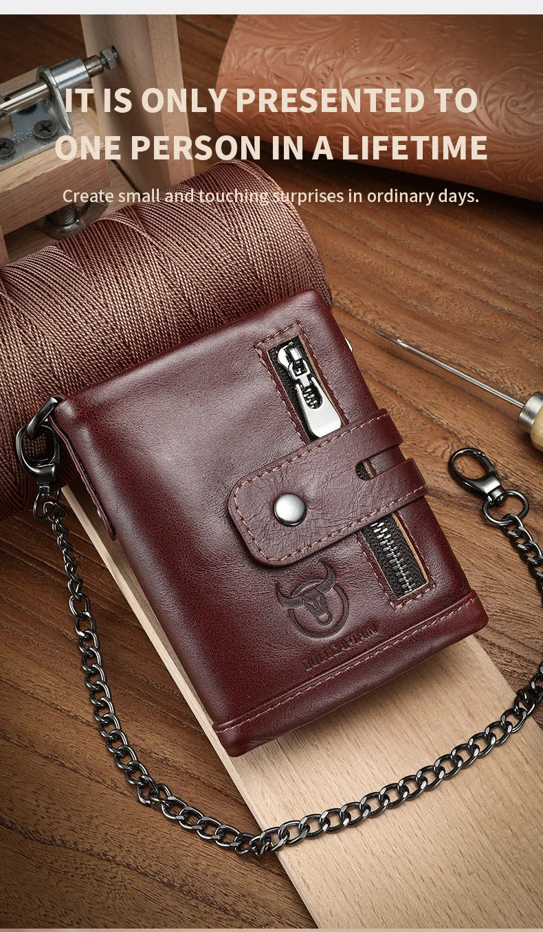 Bullcaptain Genuine Leather Men's Wallet Fashion Quality Travel Purse Rfid Protect Credit Card Holder Wollst for Men with Chain