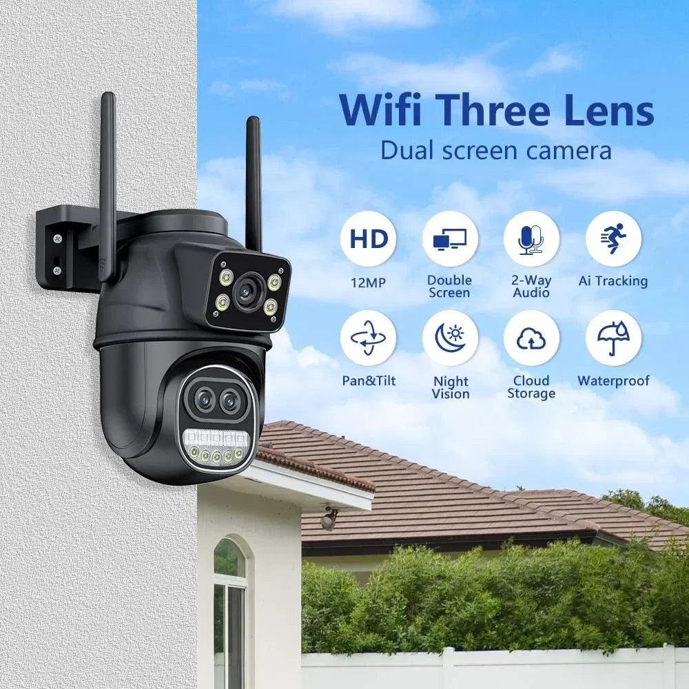 ICSEE Smart WIFI Security Camera 12MP 8K Three Lens 8X Zoom Outdoor HD Video Surveillance IP Cameras IPTV CCTV PTZ Auto Tracking