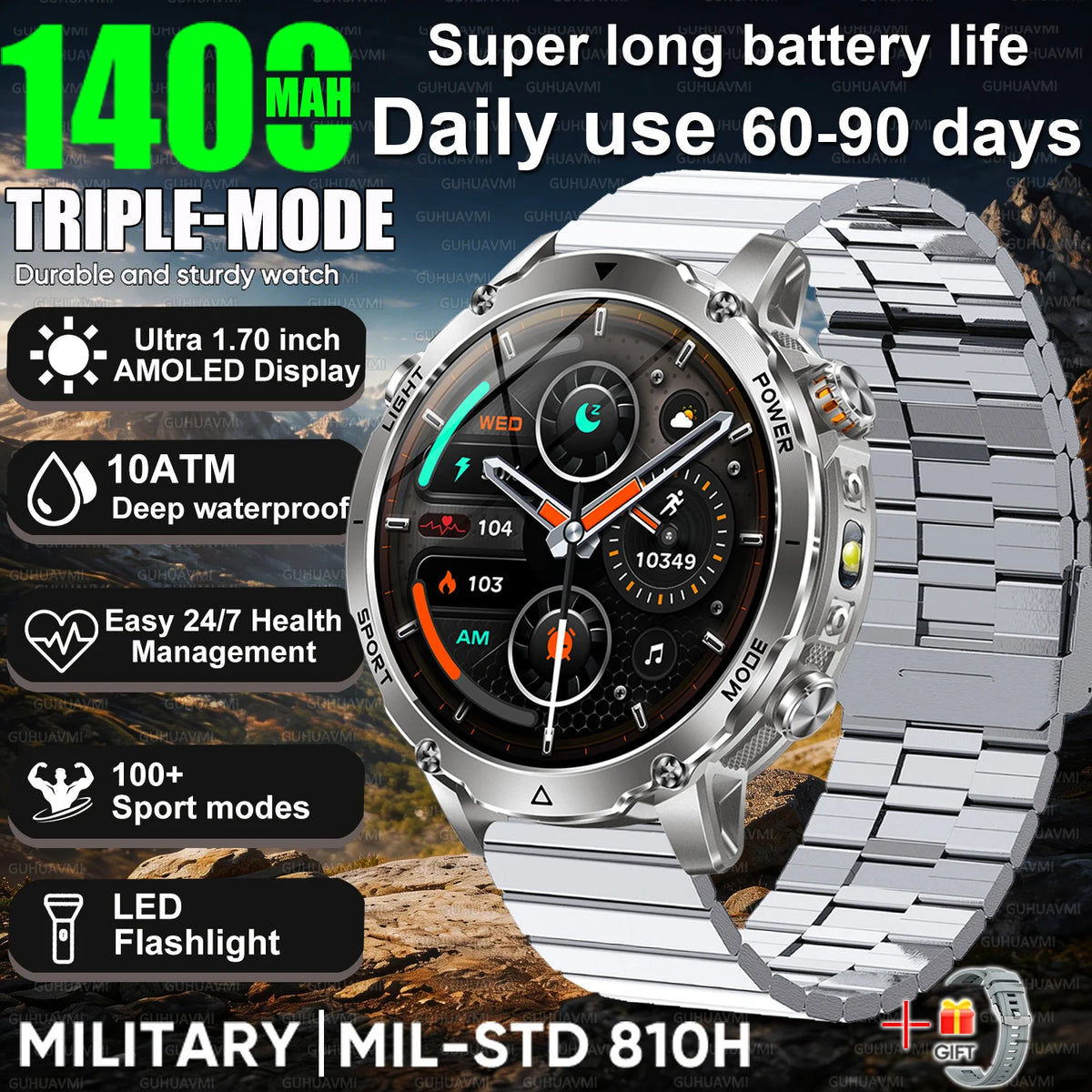 2026 Hot New 1400mAh Extra-Large Battery SmartWatch Men Military Outdoor SOS Flashlight  Waterproof Heart Rate Sports Smartwatch