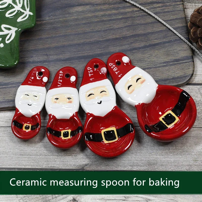 4pcs Christmas Measuring Spoons Set, 3D Hand-painted Ceramic Bowl Measuring Cup, Baking DIY Cake Flour Kitchen Accessories Gift