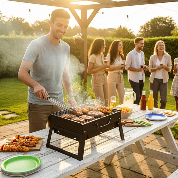 Portable Foldable Charcoal Grill | 38cm Compact Design | Light Steel Material Easy to Install | Equipped with Removable Ash Collector, Fast Heat Dissipation | Suitable for Camping, Picnicking, Beach, Backyard, and Small Group