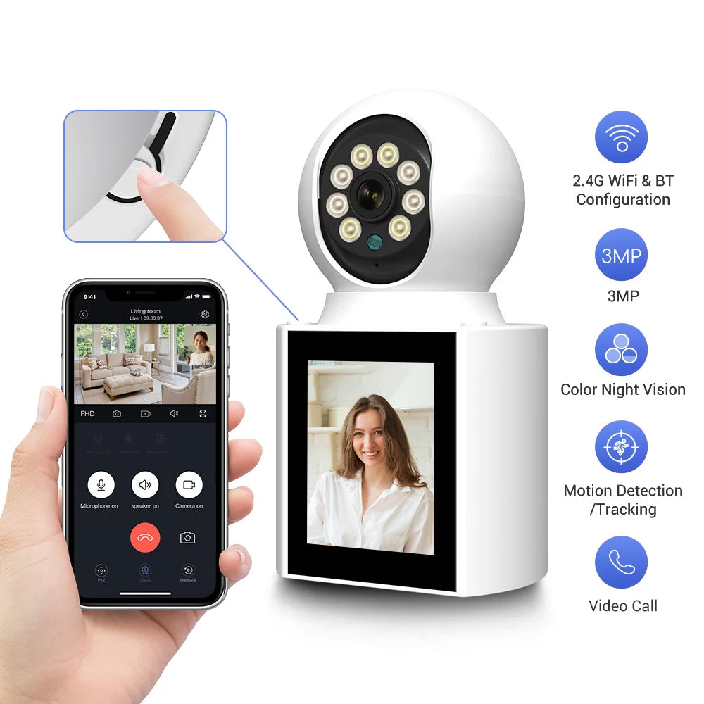 Ease Life App 3MP Video Calling Camera with Screen 2.4G Indoor Home Security Auto Tracking Nanny Baby/Elder/Dog/Pet IP Camera