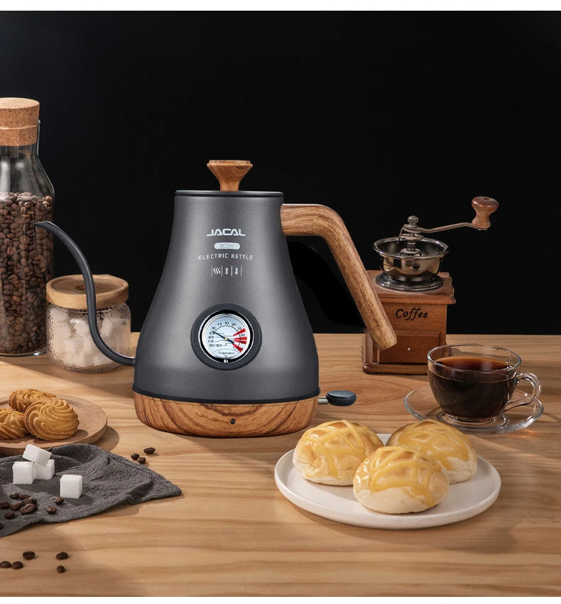 1.0L Electric Kettle Retro Gooseneck Hand Brewed Coffee Pot Slender Mouth Teapot Stainless Steel Liner Kettle with thermometer