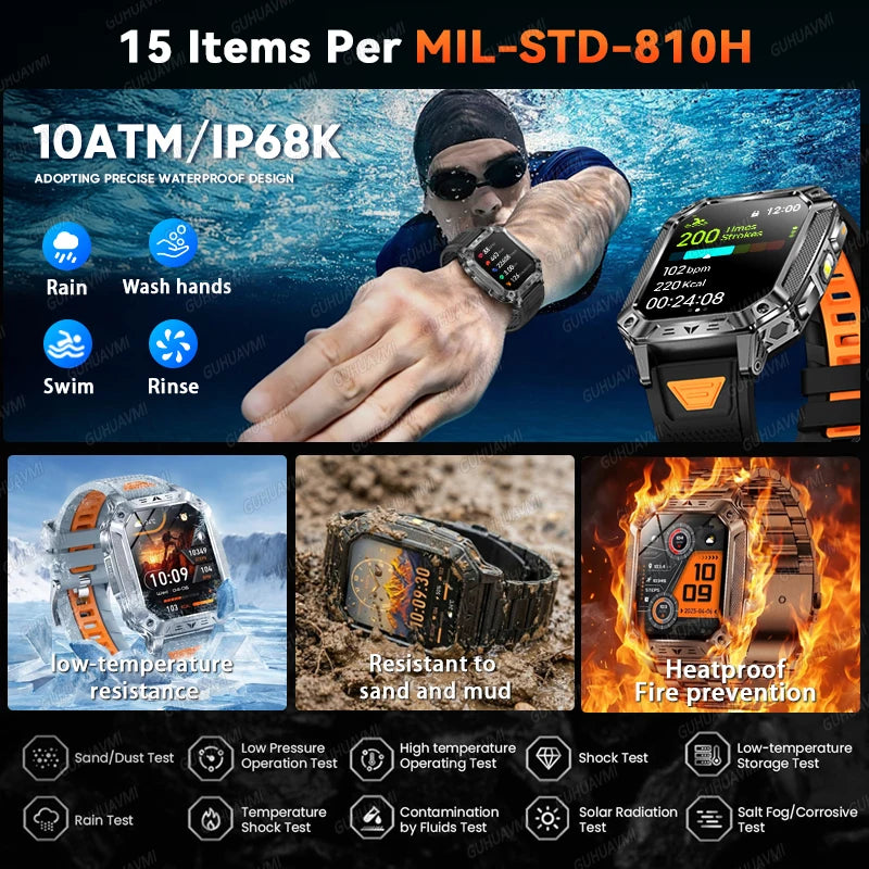 2026 Outdoors Durable Men Sports Smart Watch 1400mAh Battery LED Flashlight IP69K Waterproof Bluetooth Call Military Smartwatchs