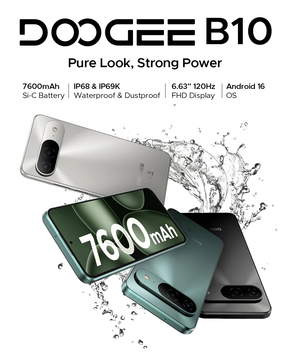 Global Version DOOGEE B10 Smartphone Android 16 7600mAh Battery 6GB 256GB 6.6'' Display 64MP AI Camera IP68 / IP69K Mobile Phone
