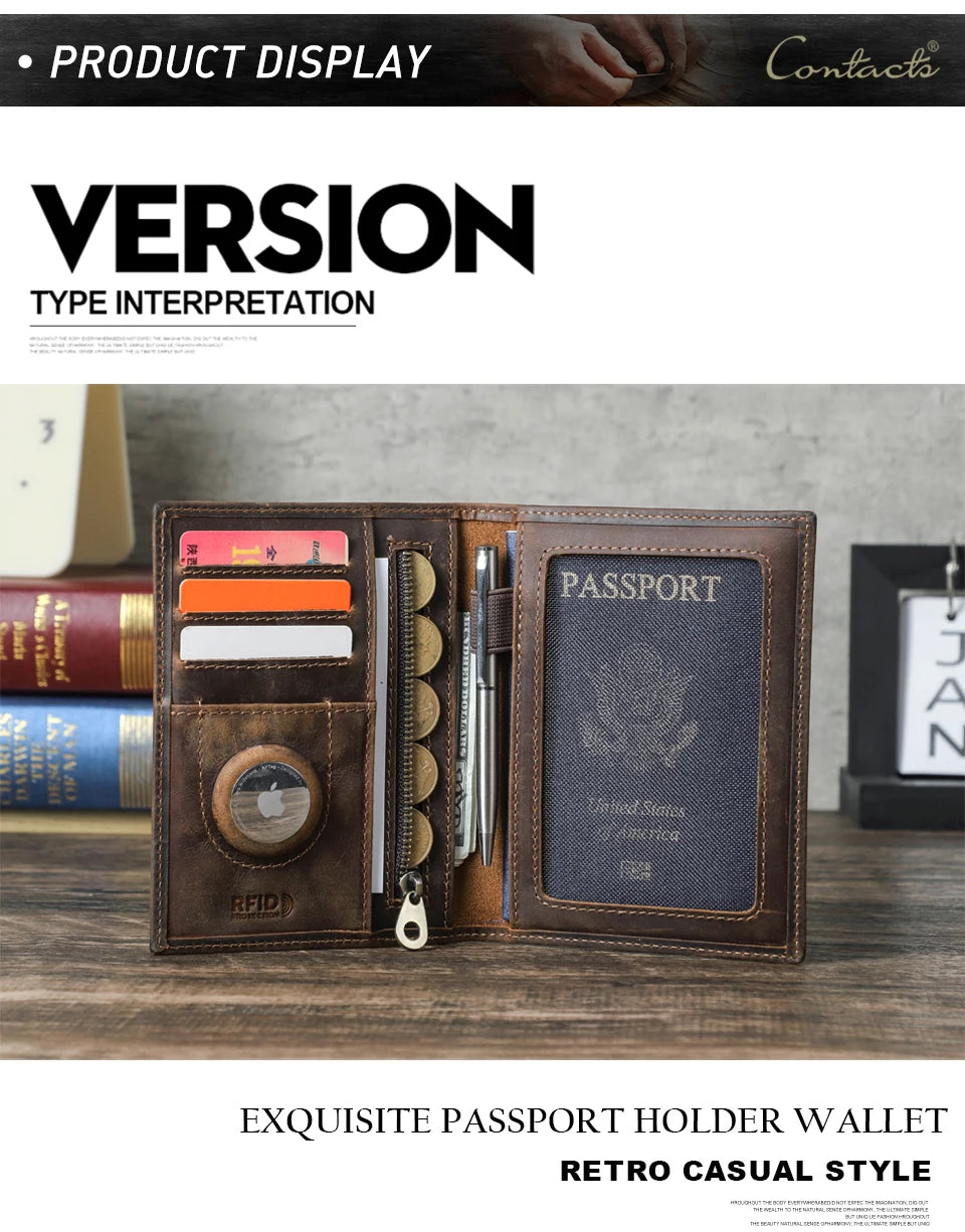 CONTACT'S Genuine Leather Passport Wallet Card Holder Coin Purse AirTag Slot Men Travel Wallet Women‘s Purse Passport Cover Bag