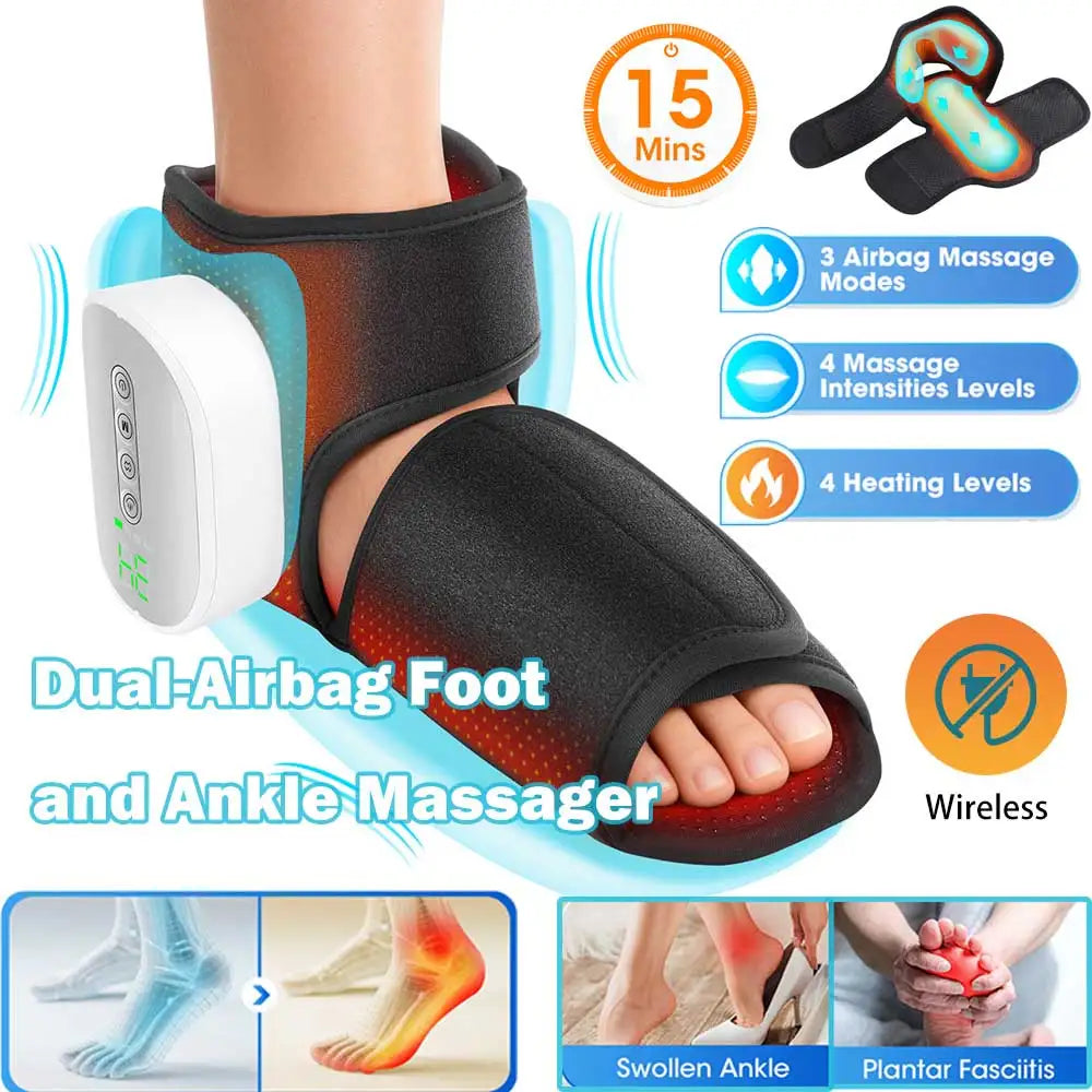 Wireless Dual-Airbag Air Compression Foot Ankle Massager 3 Modes 4 Heated Levels Rechargeable Electric Sole Heel Relaxation Wrap
