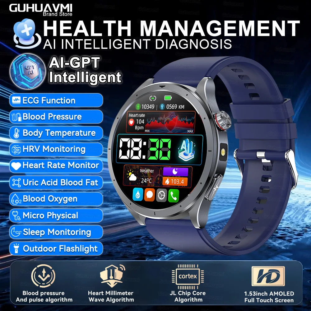 2026 New Body Fat Analysis Health Smart Watch ECG+PPG Uric Acid Blood Pressure Blood Oxygen Clock Call Smart Watch For Men Women