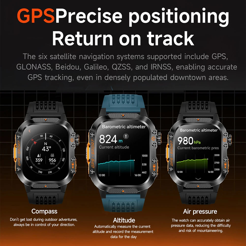 New Military Smartwatch Real GPS Compass Outdoor Smart Watch 3ATM Waterproof Sports Watches for Man Woman Electronics Clock 2025