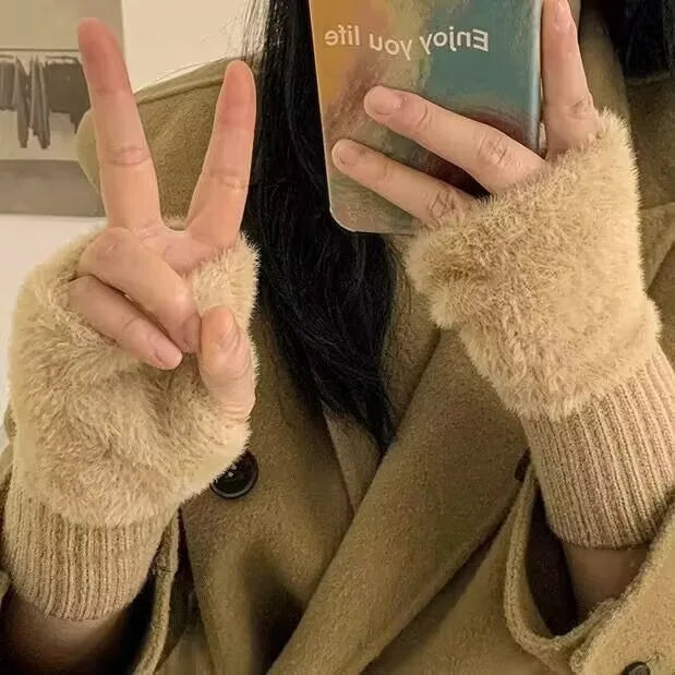 Women's Warm Plush Half-Finger Gloves for Autumn Winter Multi-Functional Cute Office Wear Cold-Resistant Fingerless Mittens