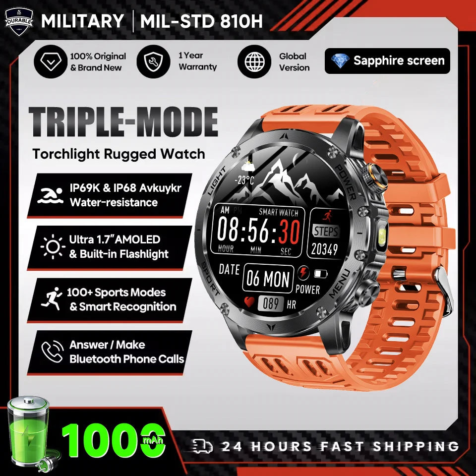 2025 New Military Grade Men 1000mAh Super Large Battery Smart Watch GPS 3ATM Waterproof Bluetooth Call Sports Fitness Smartwatch