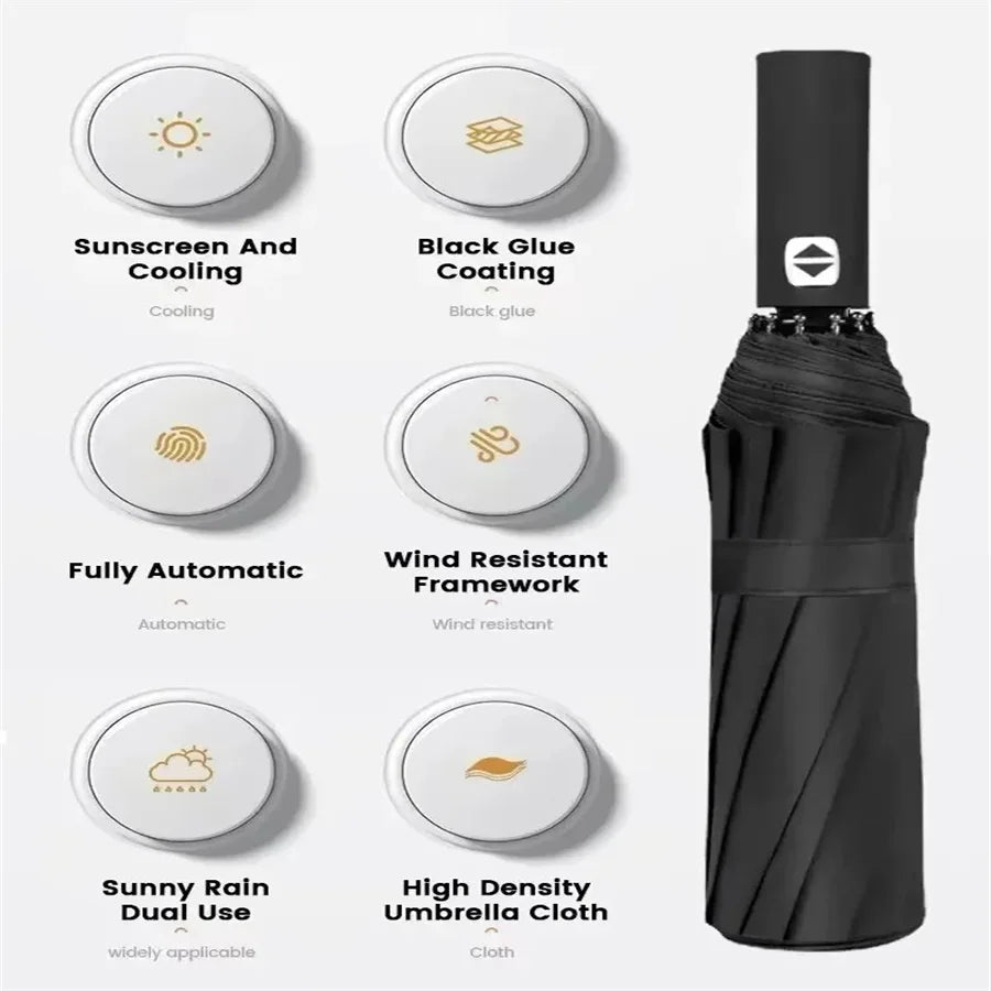 12 Bone Black Glue Fully Automatic Umbrella With Thick And Durable Keel Three Fold Umbrella UV Resistant Folding Umbrella