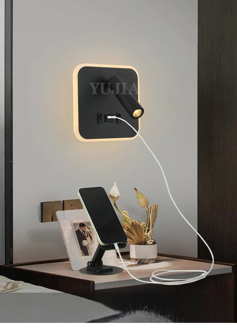 Contemporary Multifunctional LED Wall Sconce with Switch Modern Adjustable Reading Lamp USB Charging Ports for Bedrooms Offices