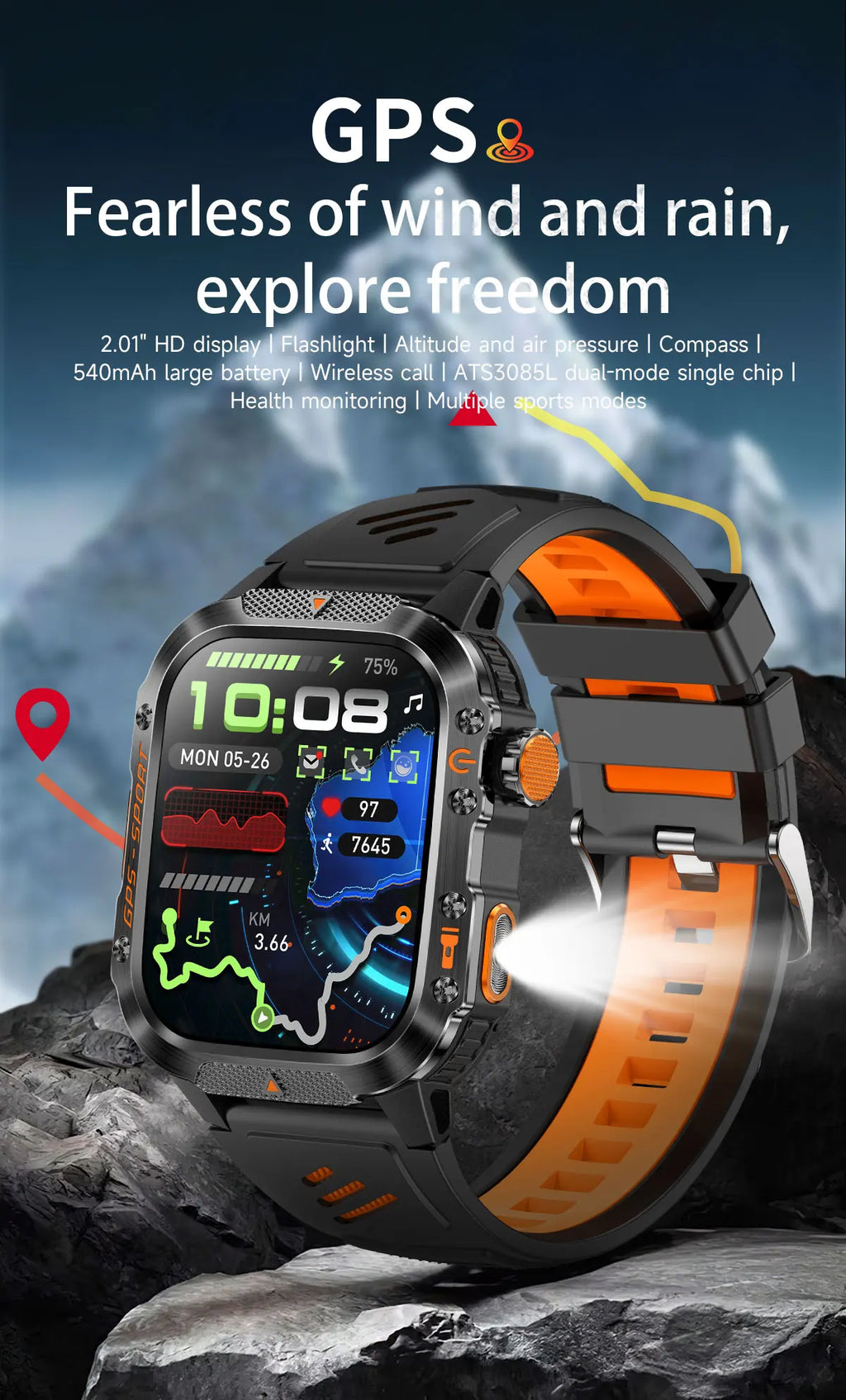 New Military Smartwatch Real GPS Compass Outdoor Smart Watch 3ATM Waterproof Sports Watches for Man Woman Electronics Clock 2025
