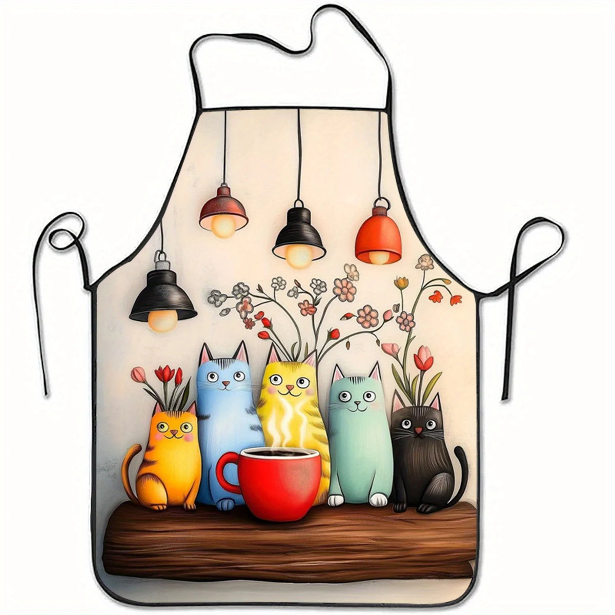 Colorful Cartoon Cats Apron, Cute Cat Group with Coffee Cup Pattern, Kitchen Cooking Bib, Multiple Sizes Available