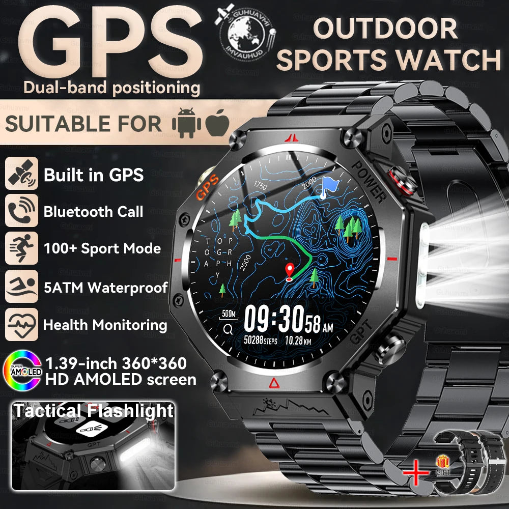 2026 New GPS Smart Watch Built-in Dual-band GNSS 10ATM&IP69K Waterproof AMOLED Compass Original Military Flashlight Smartwatches