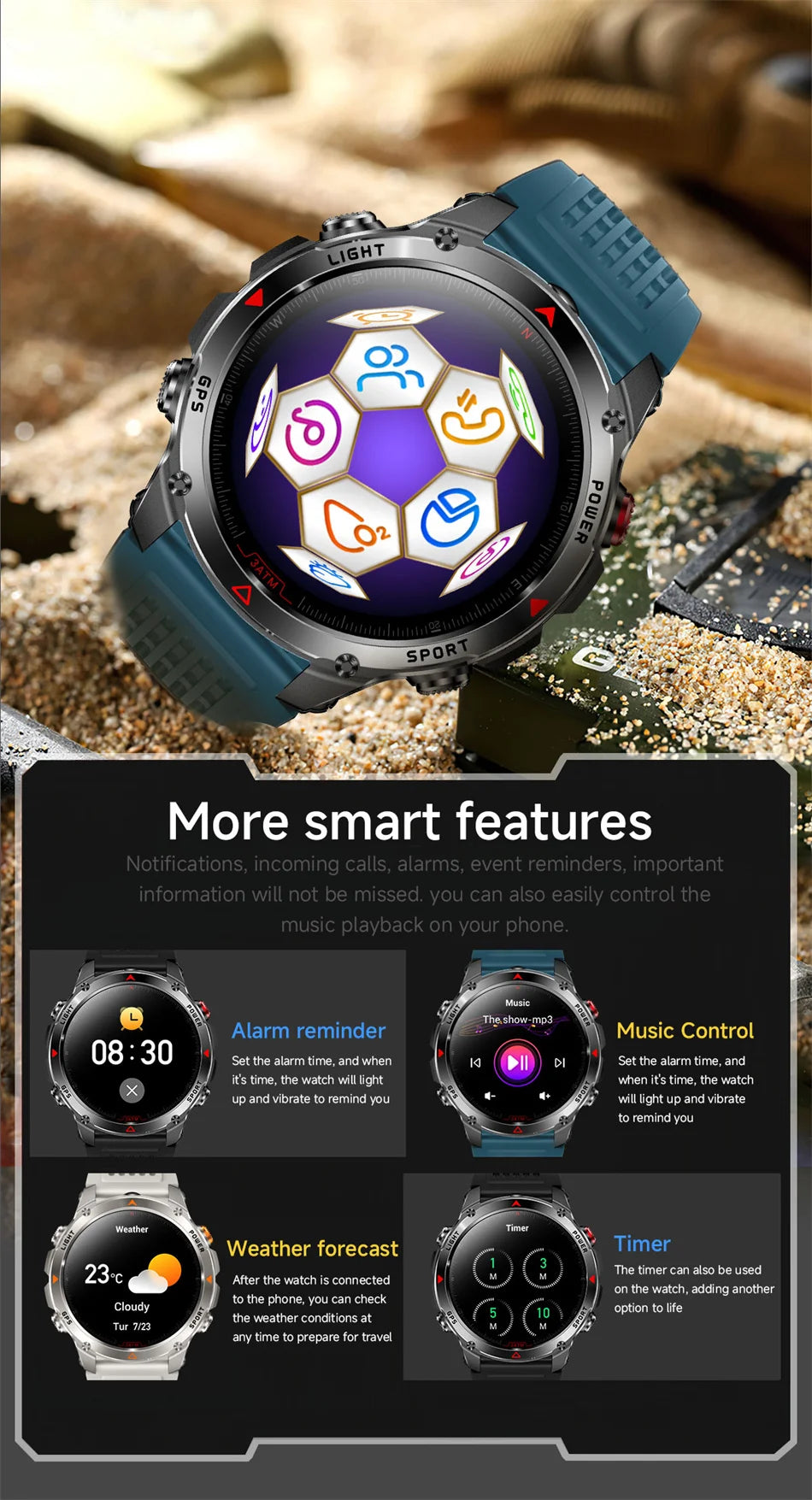T-Rex 3 Built-in Dual-band GPS Smart Watch Men Smartwatch Compass Altimeter Barometric 5ATM IP69K Waterproof AMOLED HD Watches
