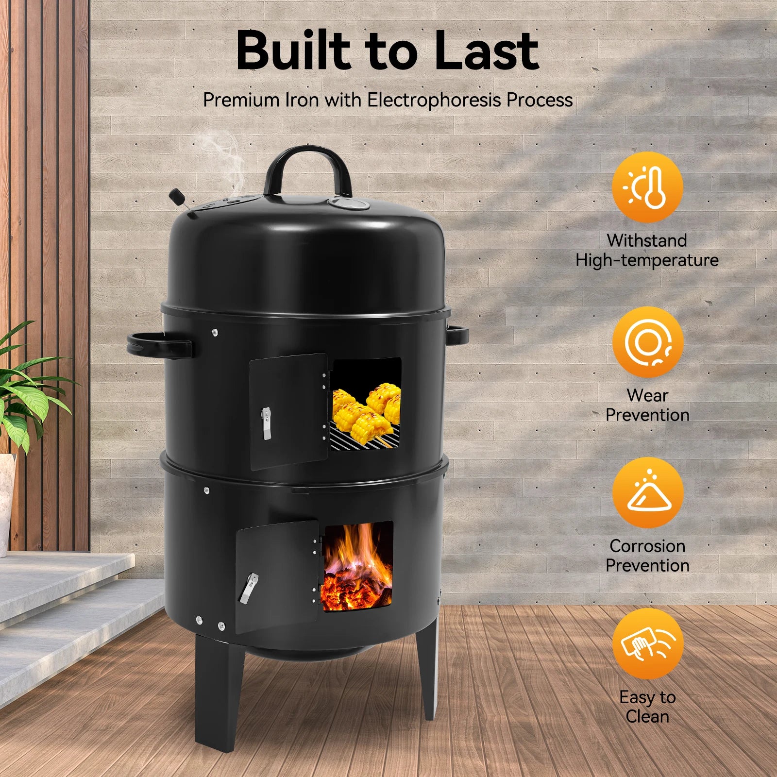 84cm Barrel Style Charcoal BBQ Smoker Grill, Built-in Thermometer Outdoor Smoking Oven, Ideal for Grilling Meat,Chicken Wings