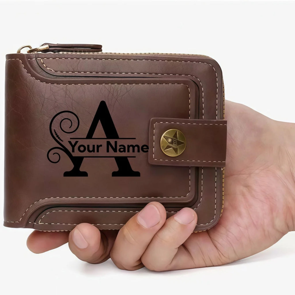 Men's Custom Wallet - Personalized Artificial Leather Men's Engraved Name and Letter Wallet, Father's Day Dad Gift, Brown