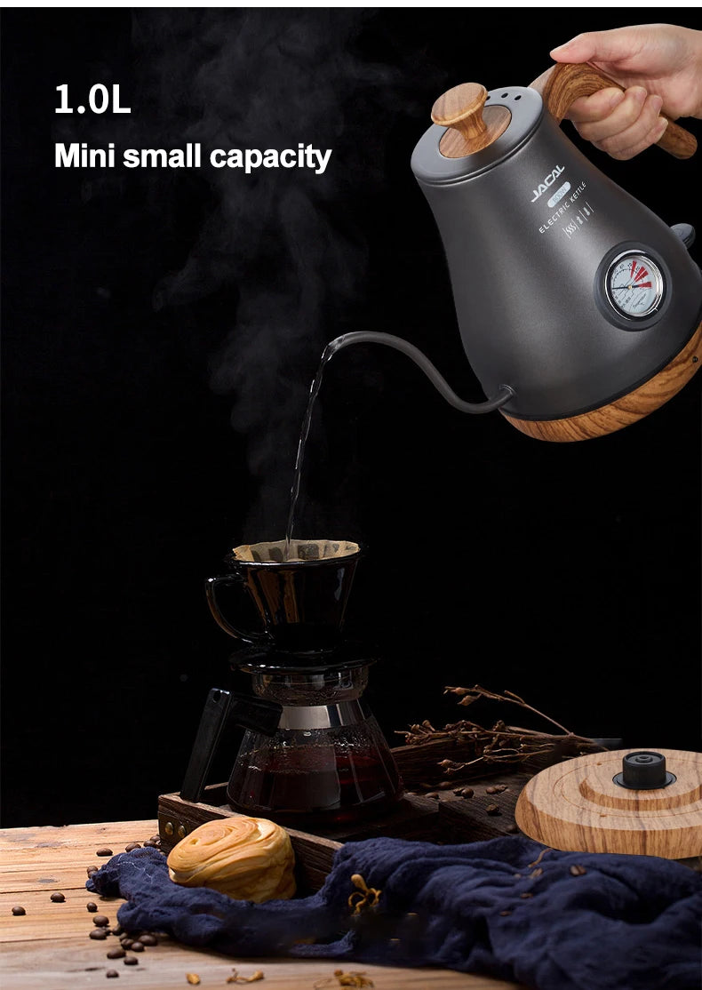 1.0L Electric Kettle Retro Gooseneck Hand Brewed Coffee Pot Slender Mouth Teapot Stainless Steel Liner Kettle with thermometer
