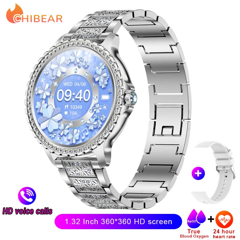 2026 New Fashion Women Diamond Watch 1.32 inch 360*360 HD Display Heart Rate Blood Oxygen Monitoring Bluetooth Call Smartwatch