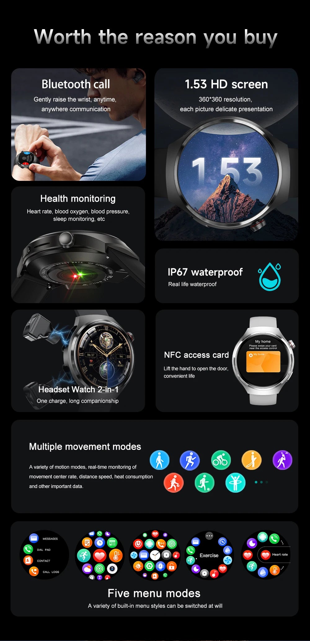 GEJIAN 2025 New TWS 2-in-1 Bluetooth Earphones Smart Watch Heart Rate Monitoring NFC BT call GPS Sports Trajectory Smartwatches