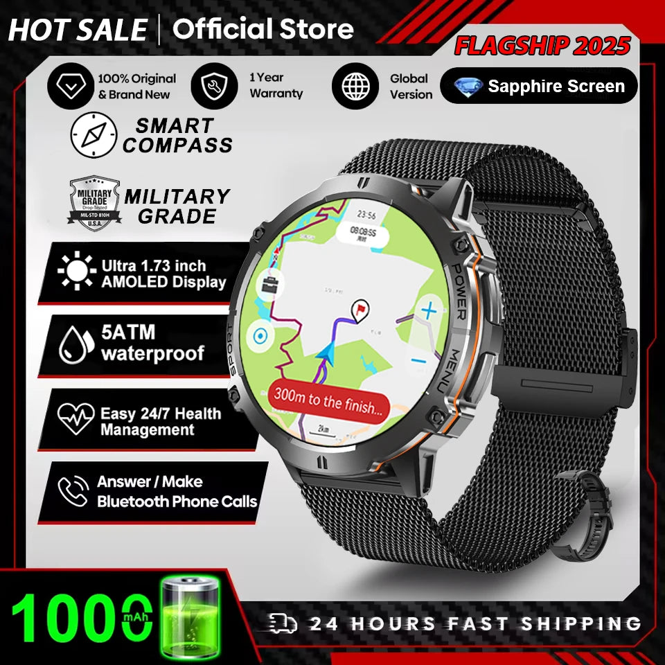 2026 Newly upgraded GPS Military Sports Smart Watch 1000mAh 1.7-inch AMOLED Compass Altimeter Call 10ATM Waterproof Sports Watch