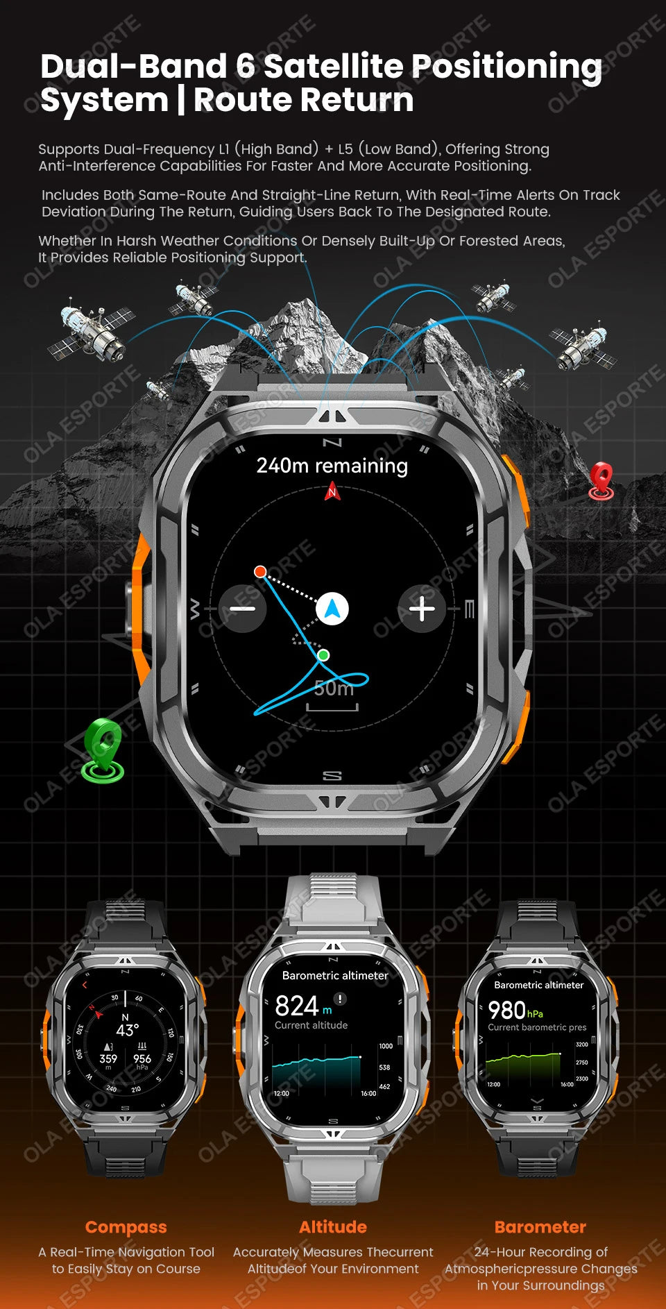 X5 Amoled 5ATM GPS Waterproof SmartWatch Men Built-in Dual-band GNSS Compass Military Sports Tracker Smart Watch Men Women 2025