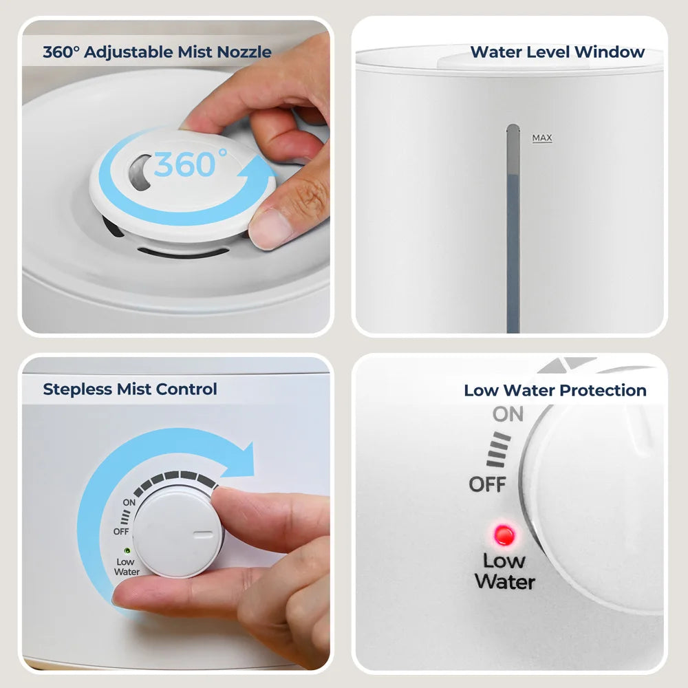 ROUNY Air Humidifier, 4L Large Capacity Ultrasonic Humidifier with Low Water Protection, 360° & Quiet & BPA-Free, White