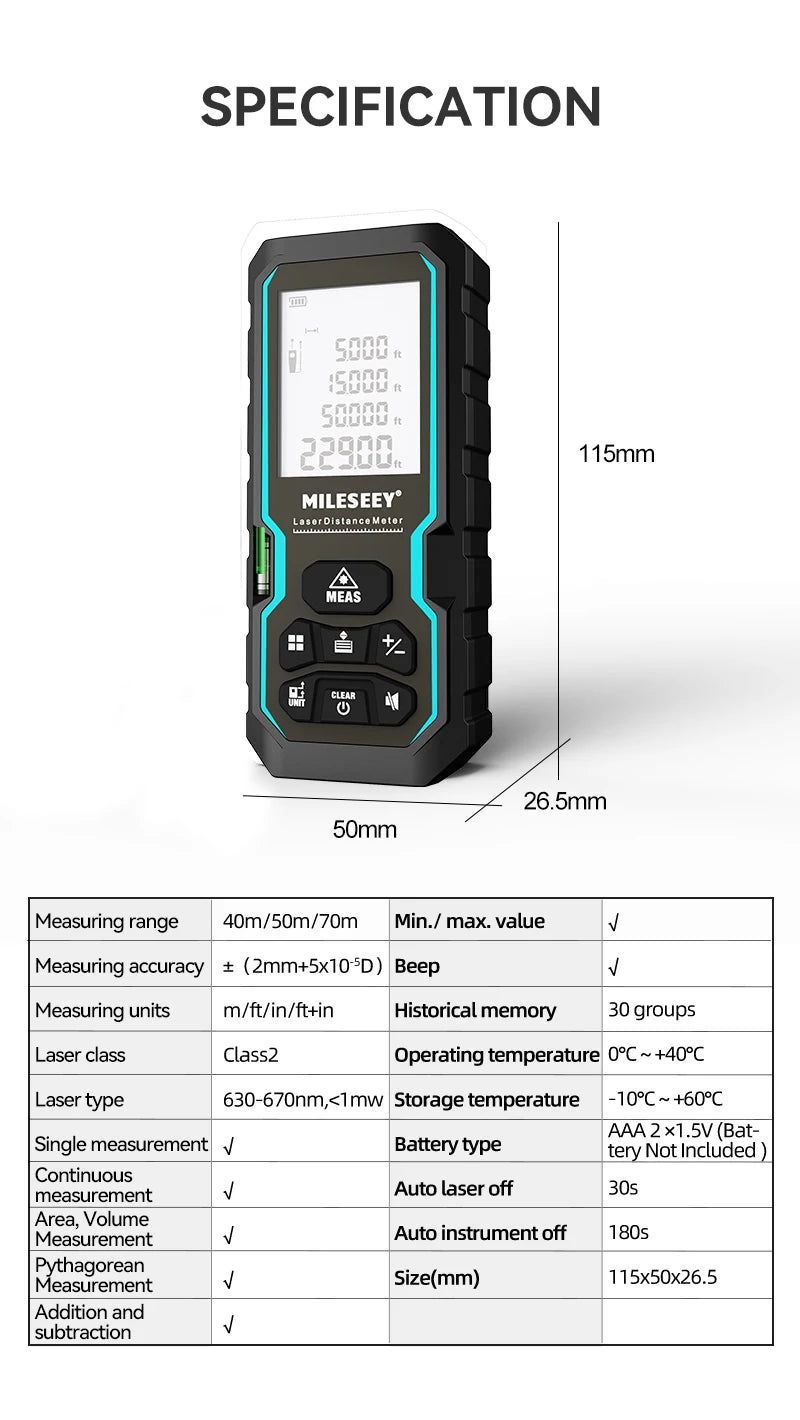 Mileseey S6 Laser Distance Meter 40m/120m, Rangefinder with Level Bubble , LCD Display with Backlit, Measure Tools for Home