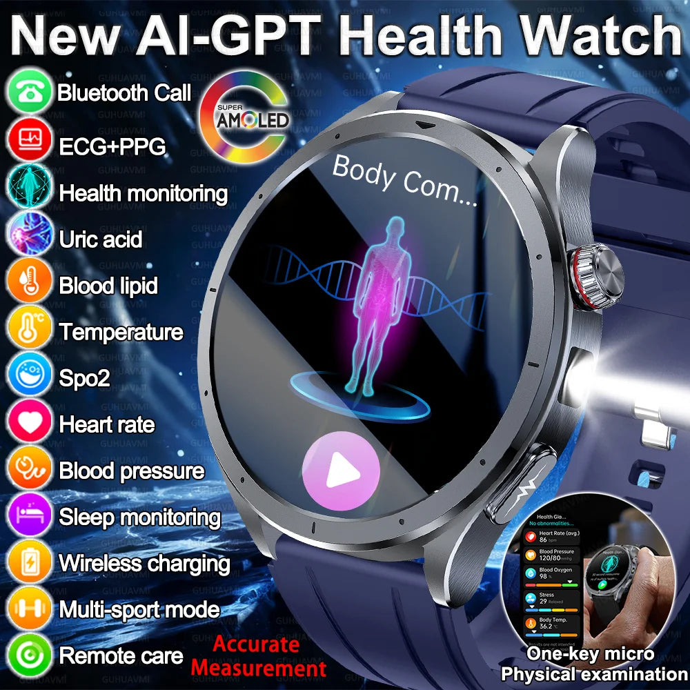 2026 New Body Fat Analysis Health Smart Watch ECG+PPG Uric Acid Blood Pressure Blood Oxygen Clock Call Smart Watch For Men Women