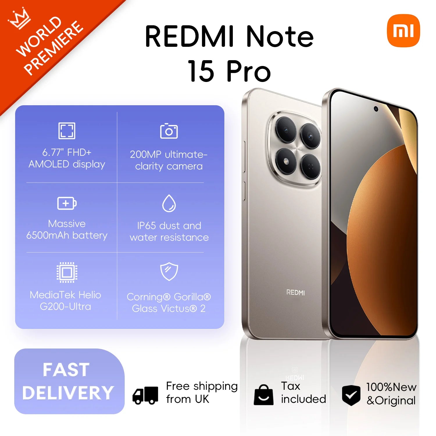 Xiaomi Redmi Note 15 Pro 4G 12+512GB Global Version MediaTek Helio G200-Ultra 6.77" 120Hz AMOLED Display 200MP 6500mAh 45W NFC