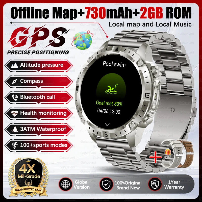 2026 Outdoor GPS Smart Watch Men 2GB ROM Offline Map 730mAh Battery 3ATM Waterproof Compass Altimeter Health Monitor Smartwatch