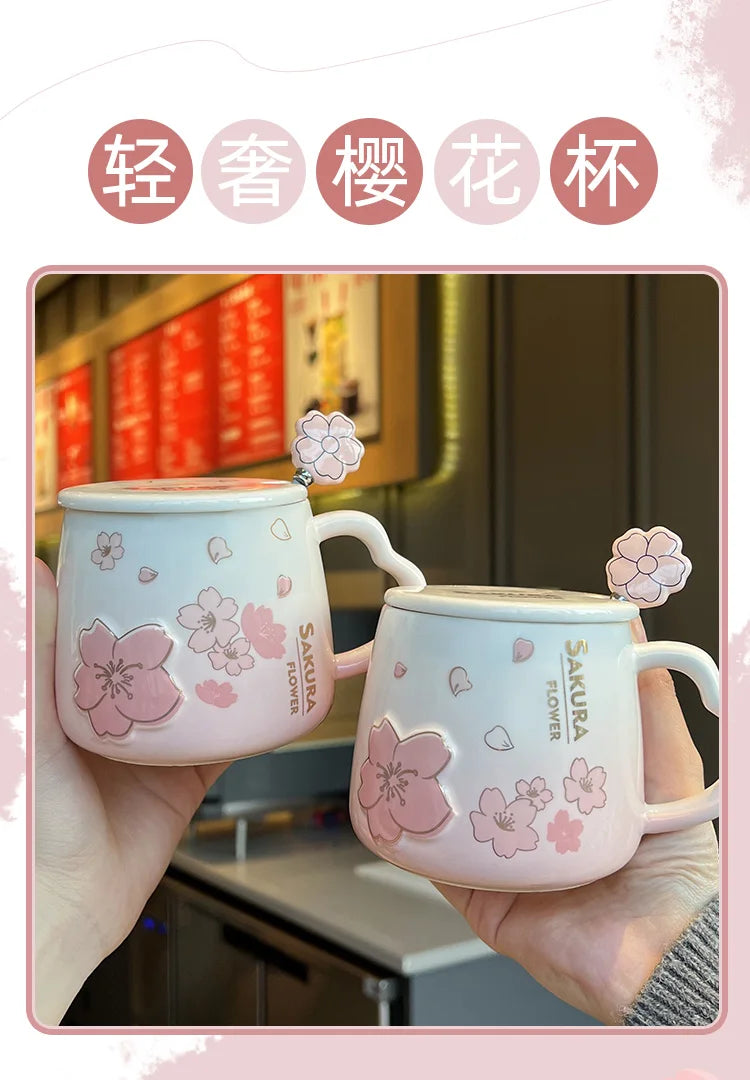 New High Beauty Mug with Lid Spoon Sakura Powder Household Lovely Breakfast Lovers Milk Coffee Mug Ceramic Mug