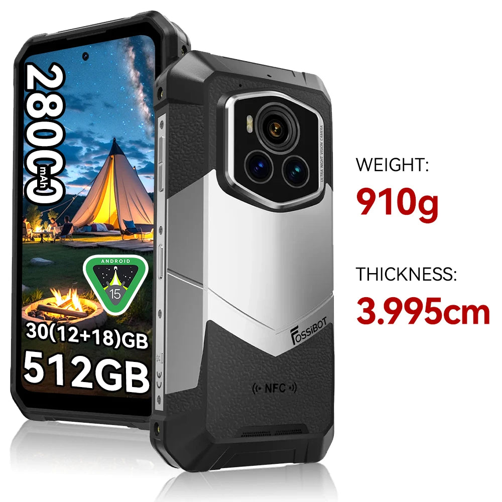 Fossibot Smartphone [F107 Pro 5G] 28000mAh 66W Rugged Mobile Phone 12GB RAM 512GB ROM Android 15 200MP+32MP NFC Dual Flashlights