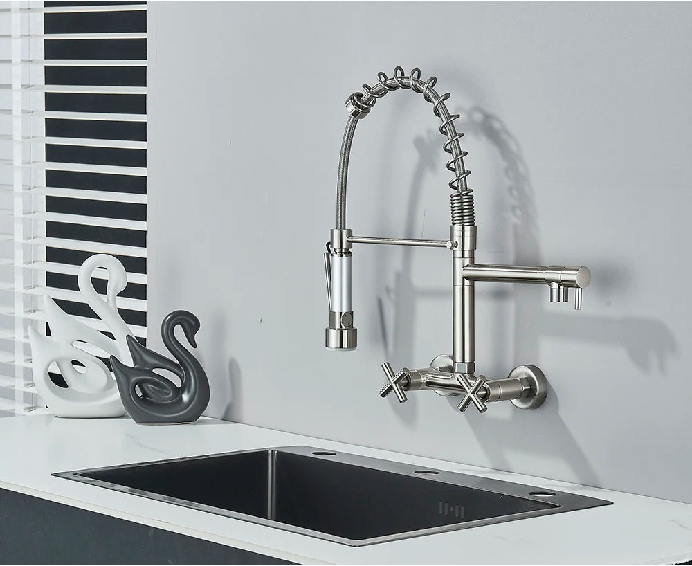 Gold Black Kitchen Faucet Wall Mount Pull Down Tap Vessel Sink Hot Cold Water Mixer Tap Spring Dual Swivel Spouts Sink Crane