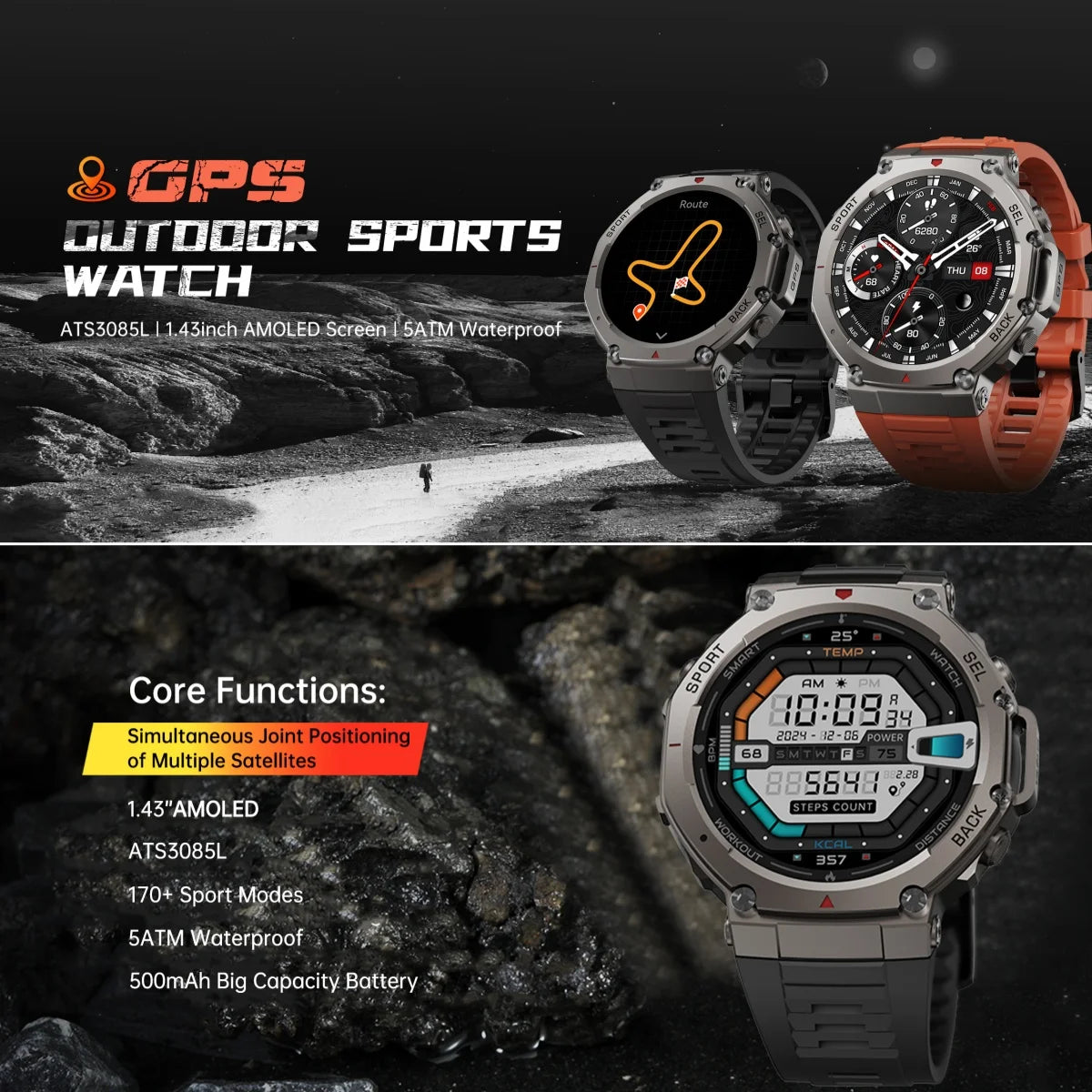 VWAR T-Rex 3 Pro Ultra Dual-Band GPS Military Smart Watch 48mm 10ATM Water-Resistant Compass Altimeter Smartwatch Men
