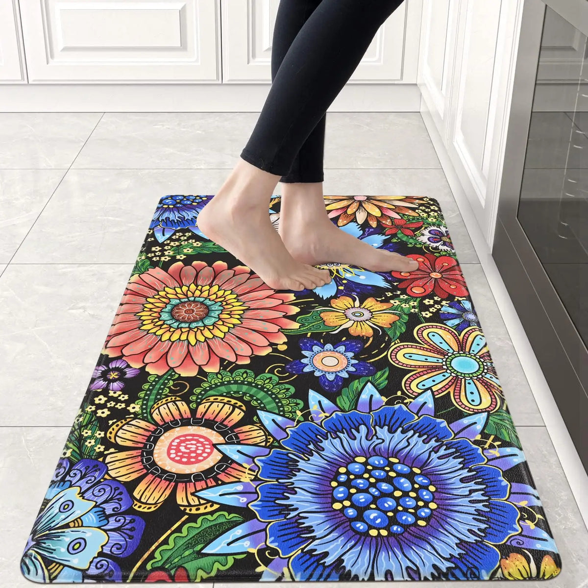 Boho Floral Kitchen Runner Rug, Non-Slip Washable Floor Mat with Colorful Flower Art Print for Kitchen, Bedroom, Bathroom Area