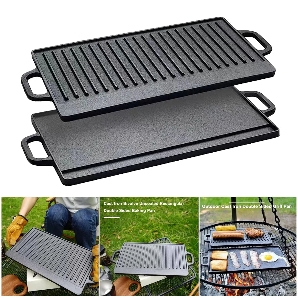 Cast Iron Grill Plate Double Sided Griddle Pan with Double Handles for Steaks Broil Bread Eggs Pancakes Vegetables