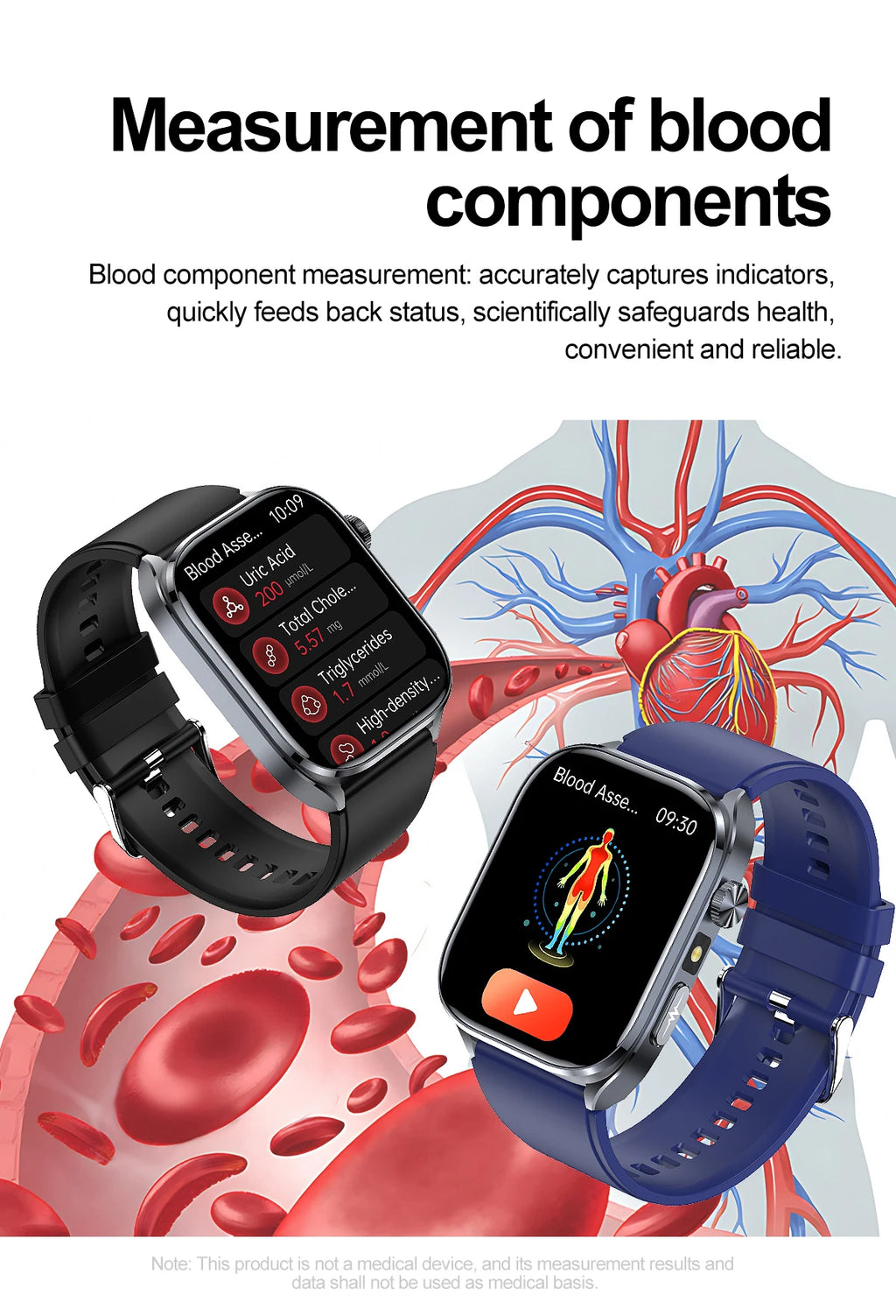New Accurate Blood Pressure Smart Watch Uric Acid ECG+PPG Blood Oxygen Body Analysis Body Fat LED Flashlight smart watches 2025